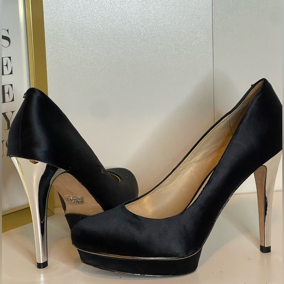 ABS by Allen Schwartz black satin platform heels - Picture 2 of 6